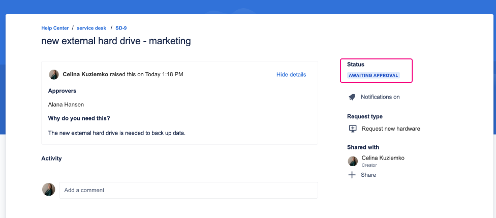 Approval request service desk