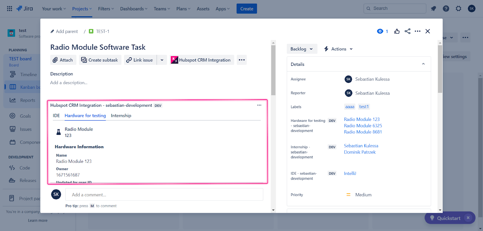 HubSpot on issue view