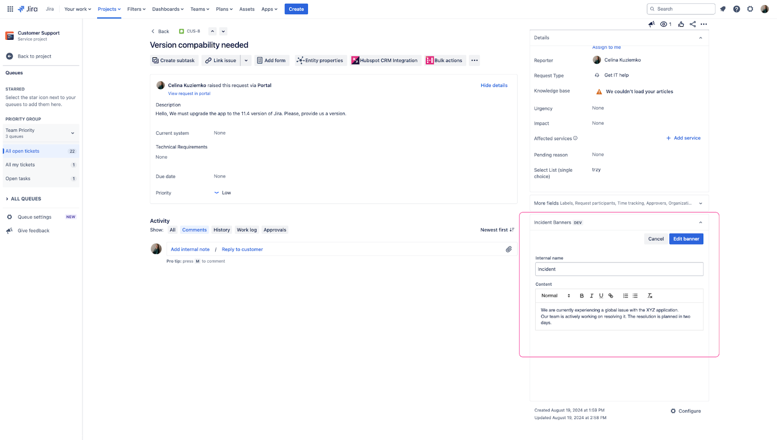 Create incident banner by JSM agent